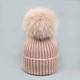Winter Knit Beanie Hat With Fox Fur Pom For Women_Cwah05043