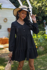 V-Neck Solid Color Loose High-Waisted Short Dress