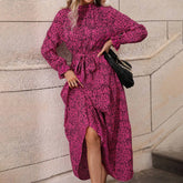 Spotted Print Stand Collar Ruffled Dress