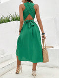 Solid Color Cross-Lace Dress With Halter Halter