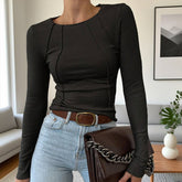 Solid-Color Split Long-Sleeved Round-Neck Top