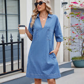 V-Neck Lapel Loose Solid Color Denim Dress