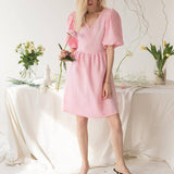 V-Neck Puffed Sleeve Cotton Linen Dress