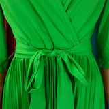 SOLID COLOR V NECK LONG SLEEVE PLEATED SKIRT DRESS_CWDSD6145