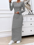 Striped Knitted Long-Sleeved Half-Skirt Suit