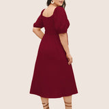 SUMMER PUFF SLEEVE MIDI DRESS WITH POCKETS_CWDMD6037