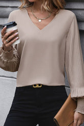 Women V Neck Splice Pleated Shirt_Cwtstl0586