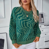 Zebra-Print Pullover Crew Neck Sweater