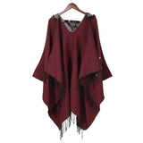 Women Hooded Tassel Split Shawl Wrapped Cloak