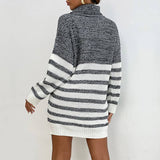 Striped Knit Mid-Length Turtleneck Sweater Dress