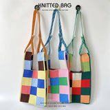 PINK AND GREEN CHECKERBOARD KNIT TOTE BAG_CWAB2394