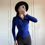 Solid Color Cross V-Neck Pleated Waist T-Shirt