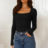 Solid Color Hollow Long Sleeve Square Neck T-Shirt