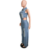 Tight Waist Slim Stretch Wash Denim Jumpsuit