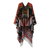 FRINGED GEOMETRIC PATTERN SHAWL SLIT CAPE SCARF_CWASC2213