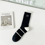 BLACK AND WHITE STRIPED MESH COTTON SOCKS_CWMS0956