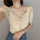 Vintage V-Neck Puffy Sleeve Knit Base T-Shirt