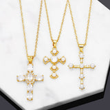DIAMOND STUDDED PEARL CROSS PENDANT NECKLACE_CWAJE0899