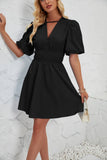 V-Neck Puffy Sleeve Pleated High-Waisted Dress