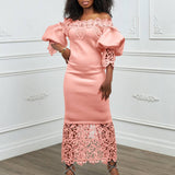 BOAT NECK LACE PATCHWORK LANTERN SLEEVE DRESS_CWDMD3683