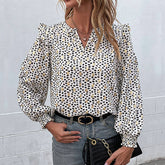 Women Long Sleeve V-Neck Polka Dot Ruffled Shirt