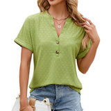 BREATHABLE V-NECK BUTTON SOLID COLOR T-SHIRT_CWTSTS0384