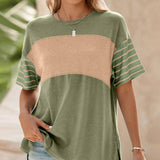 Womens Colorblock Striped Crew Neck Tee