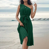 Solid Color Slant Shoulder Strap Pleated Dress_Cwdsd2902