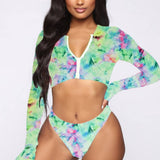 Womens Tie-Dye Bikini Set Long Sleeve Swimsuit_Cwmw0197