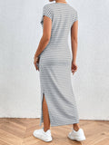 Striped Slim-Fit Waist Slimming Round Neck Dress