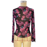 FLORAL PRINT MESH LONG SLEEVE MOCK NECK TOP_CWTBLL3427