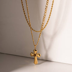 FRENCH PLEATED GOLD CROSS DOUBLE NECKLACE_CWAJE1899