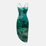 Tie-Dye Drawstring Slim Mesh Halter Midi Dress