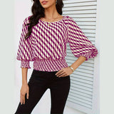 Waist-In Color Contrast Printed Long Sleevet-Shirt