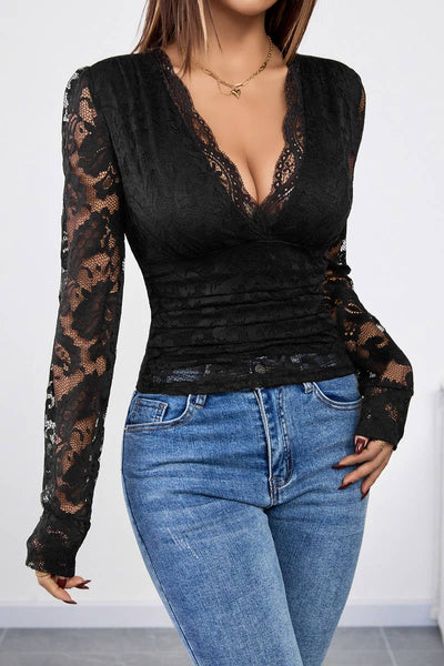 Cwtbll2468_V-Neck Lace Black Long-Sleeved Top