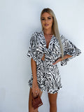 Zebra-Print Rotator Cuff V-Neck Lace-Up Rompers