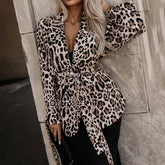 Long-Sleeved Leopard Print Blazer Lace-Up Collar