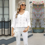 V-Neck Diamond Check Cutout Horn Sleeve T-Shirt