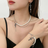 NEW CROSS PENDANT FASHION CHAIN PEARL EARRING SET_CWAJE2908