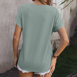 Womens V Neck Pullover Jacquard Short Sleeved Top_Cwtts0897
