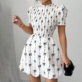 Waist-Cinching Bow Printed Flower Bud Dress