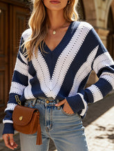 Fashion striped color-blocked pullover sweater