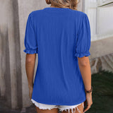 Solid Color V Neck Ear Of Wheat Short Sleeved Top_Cwtts0898