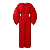 PLEATED V NECK TOP AND WIDELEG PANTS TWO PIECE SET_CWSTB1138