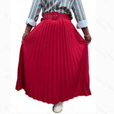 Solid-Color Fashionable Belt Pleated Skirt