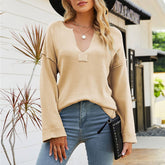 Solid Color V-Neck Pullover Roll Sleeve Sweater