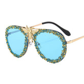 DIAMOND STUDDED RETRO METAL LARGE FRAME SUNGLASSES_CWASG0865