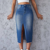 Split Hip Wrap A-Line Skirt Trend Blue Skirt