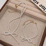 NEW SWEET RETRO BOW PEARL NECKLACE BRACELET SET_CWAJE3071