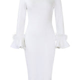 FASHION SOLID COLOR HIPWRAPPED FLARED SLEEVE DRESS_CWDMD3663